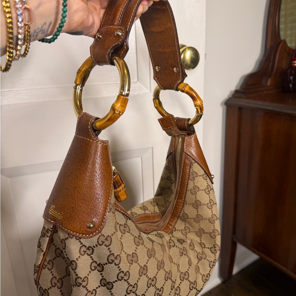 Authentic Gucci Indy GG Canvas Bamboo Ring Hobo Bag Brown Leather - impeccable! - Picture 1 of 10